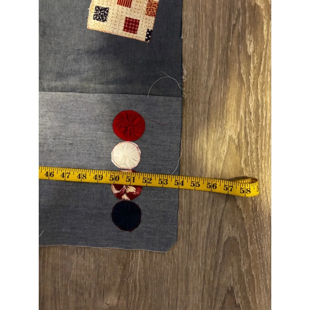 Handmade Denim Patchwork Quilt Top Unfinished  Americana Patriotic Yo-Yo 54x45